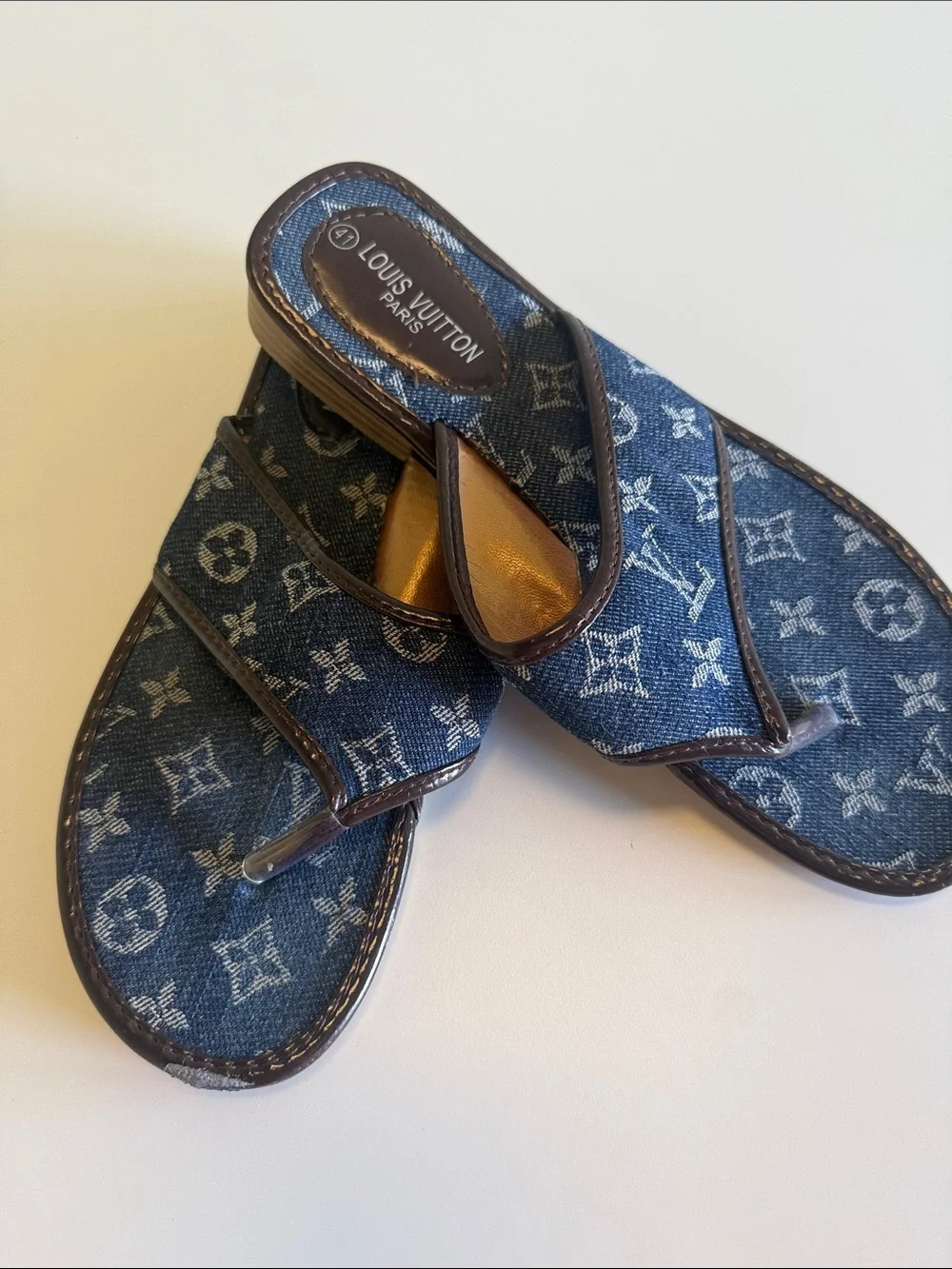 Louis Vuitton Denim Monogram Thong Sandals - Dark Blue & Brown Trim